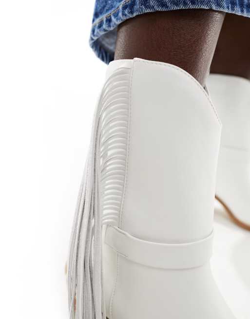 French Connection mid leg fringe western boots in white ASOS