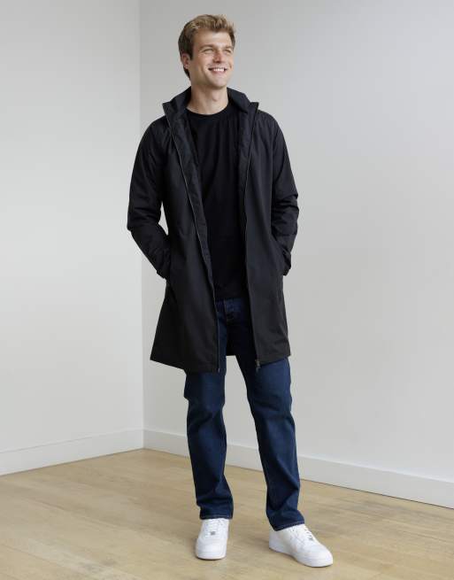 French Connection Mid length funnel neck hooded mac coat in black, 3 of 5