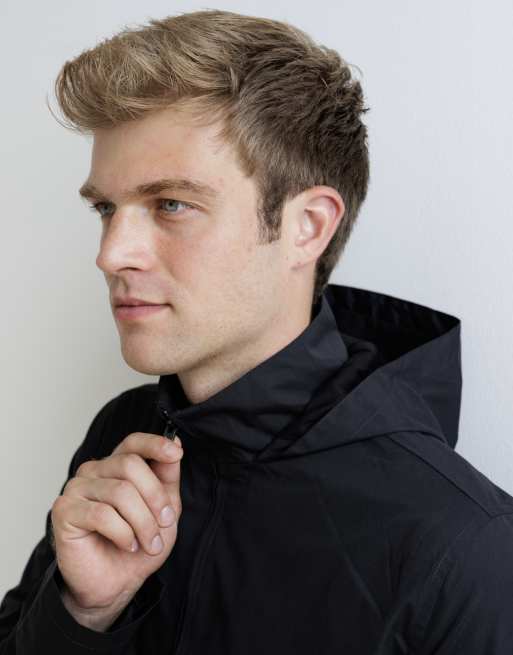 French Connection Mid length funnel neck hooded mac coat in black, 4 of 5