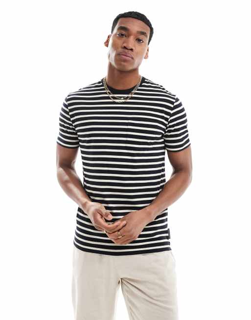 French Connection mid stripe yarn dye pocket t-shirt in navy & ecru | ASOS