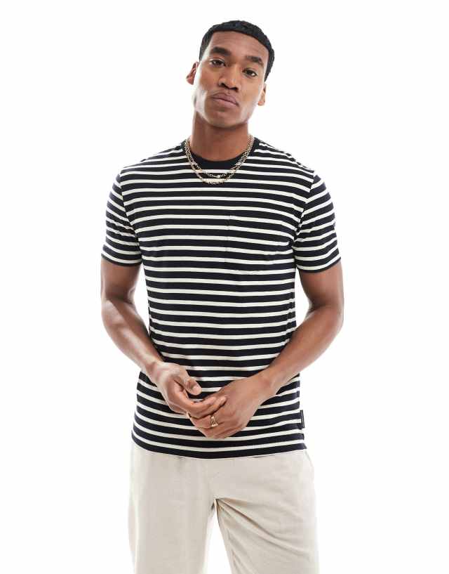 French Connection Mens - French Connection mid stripe yarn dye pocket t-shirt in navy & ecru