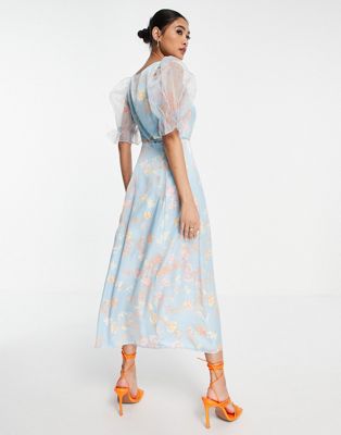 French Connection midi dress in with puff sleeve in blue floral