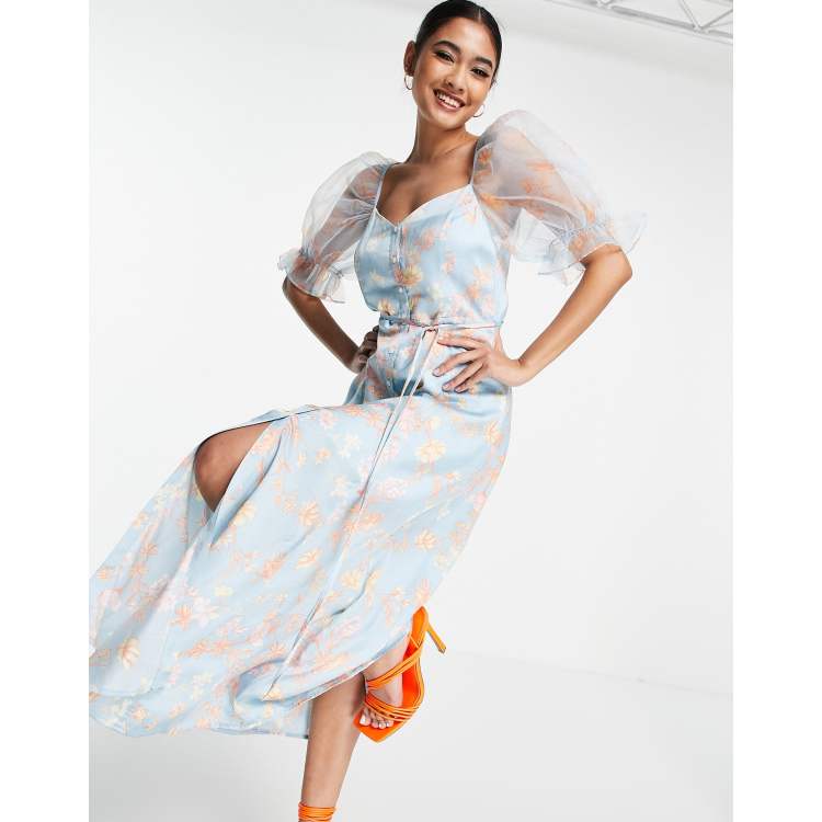 French Connection midi dress in with puff sleeve in blue floral | ASOS