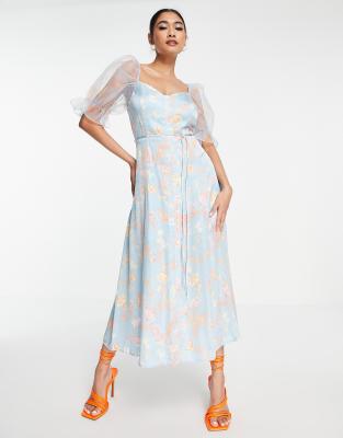 French Connection midi dress in with puff sleeve in blue