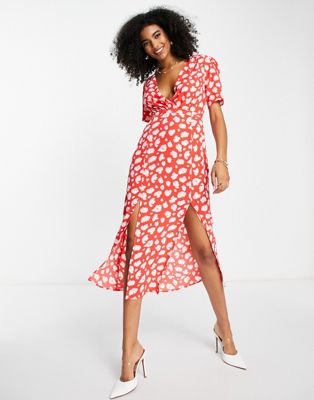 Shop French Connection Midi Dress With Tie Waist In Red Smudge Print