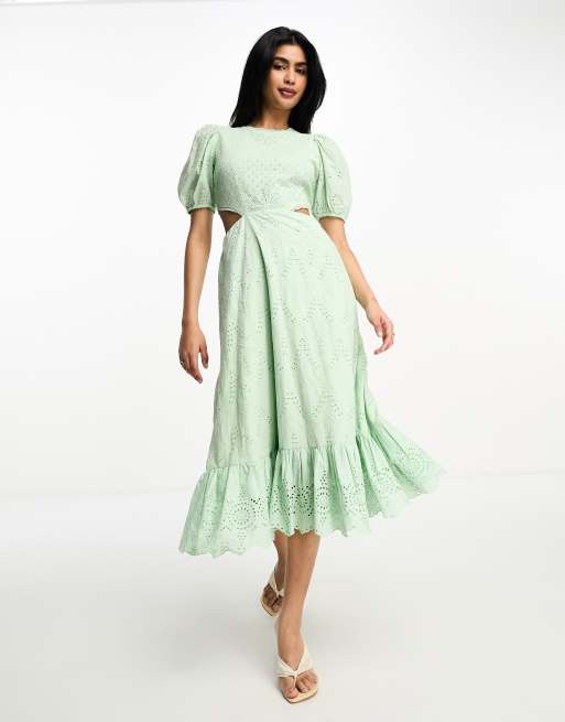 French Connection - Midi jurk met broderie en uitsnijdingen in mintgroen