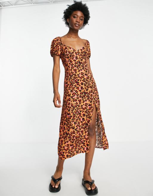 French Connection - Midi jurk met dierenprint in oranje