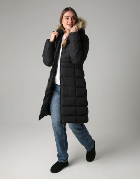 French Connection Midi padded parka jacket with faux fur hood in black