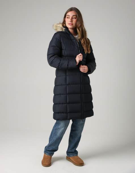 French Connection Midi padded parka jacket with faux fur hood in navy