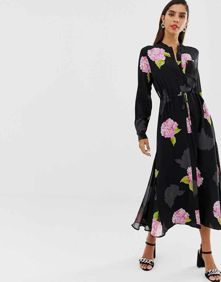 FRENCH CONNECTION MIDI SHIRT FLORAL BLOOM DRESS-BLACK,71LEQ