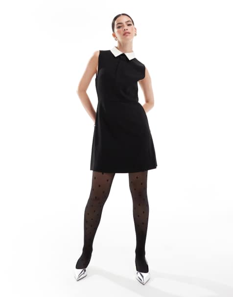 French Connection mini dress with contrast collar in black and white - view 1