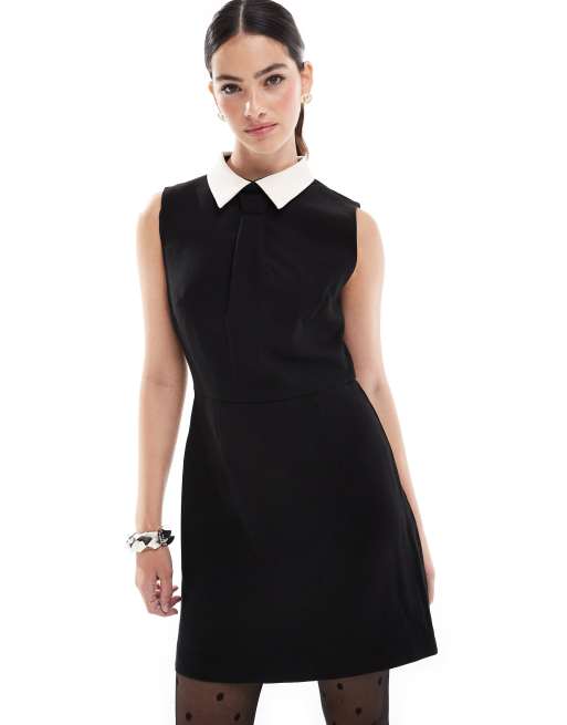 French Connection mini dress with contrast collar in black and white | ASOS