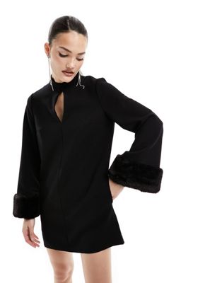 French Connection mini dress with faux fur trim in black