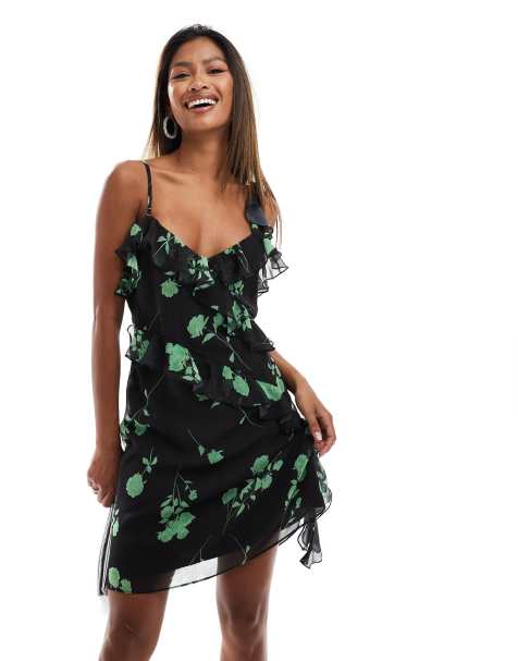 French Connection mini dress with frill detail in black floral print - view 1