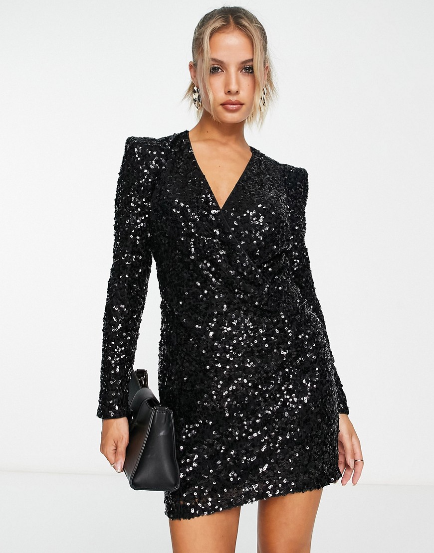 French Connection mini dress with shoulder pads in black sequin