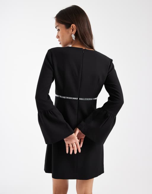 French Connection mini shift dress with diamante bow trim in black, 3 of 4