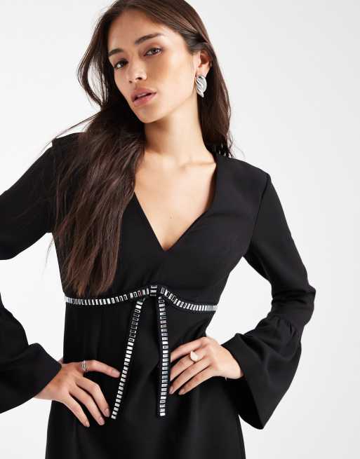 French Connection mini shift dress with diamante bow trim in black