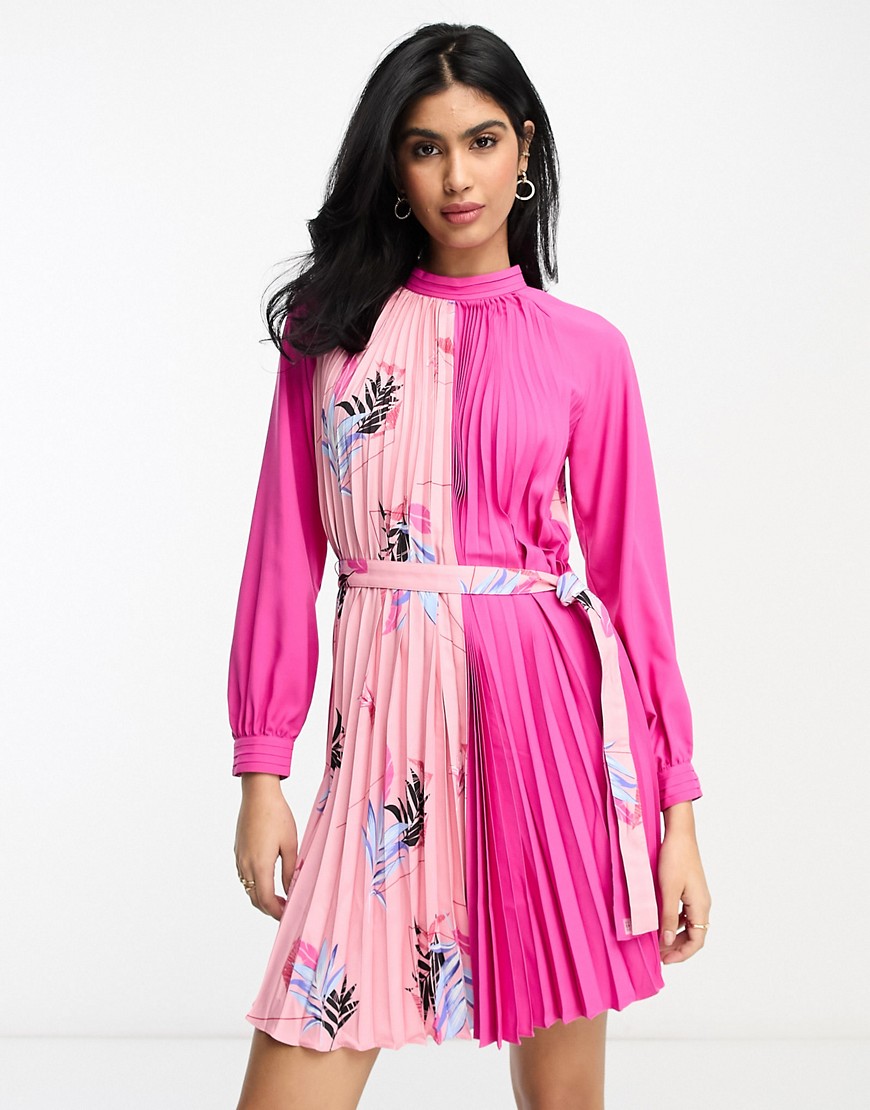 French Connection mini shift pleated dress in pink contrast print