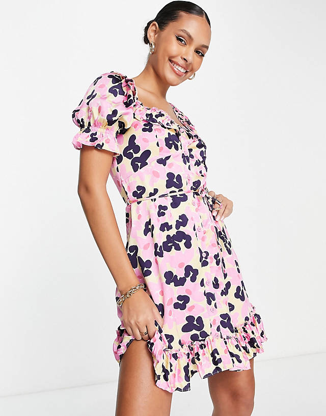 French Connection - mini tea dress with frill detail in pink leopard