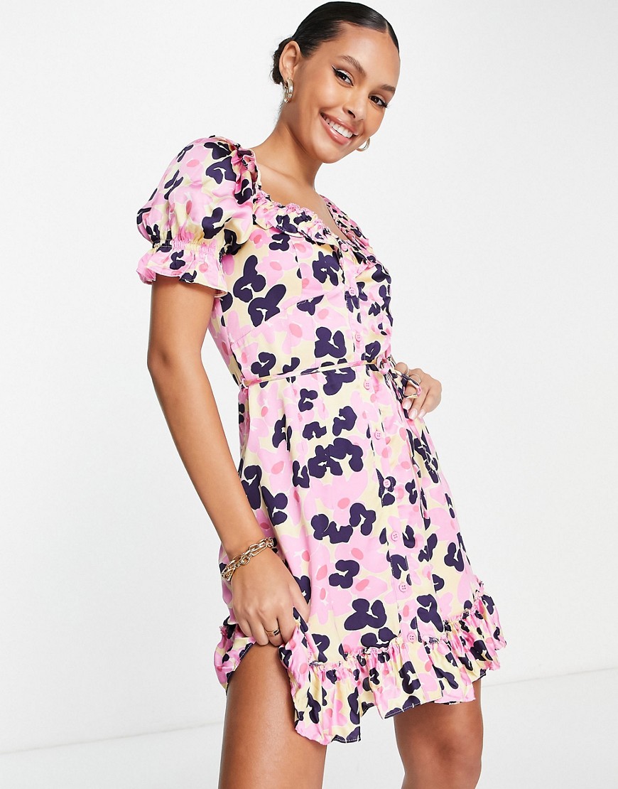 French Connection mini tea dress with frill detail in pink leopard