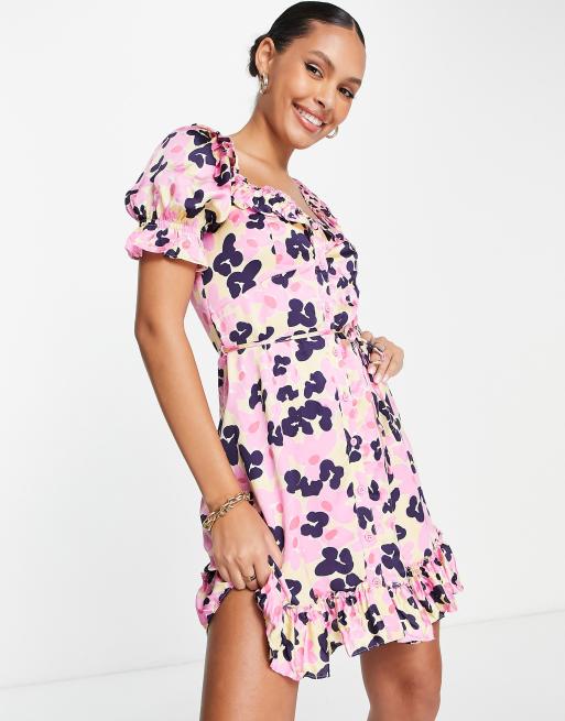 French Connection mini tea dress with frill detail in pink leopard ASOS