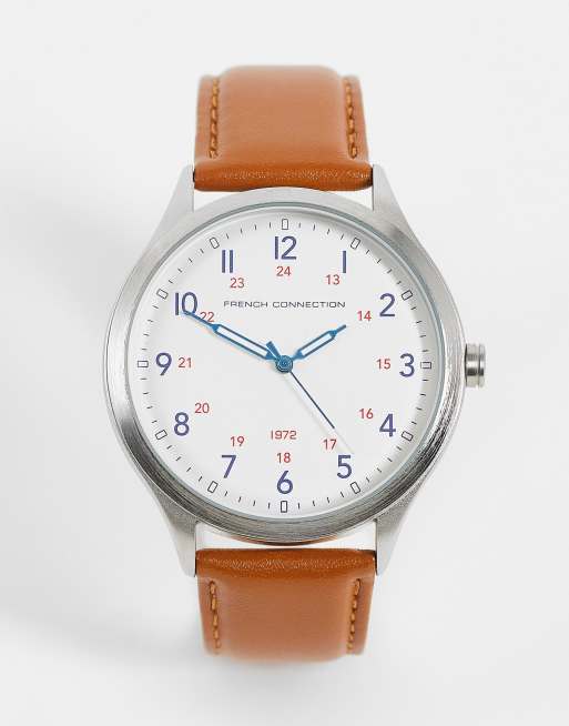 French Connection minimal watch with real leather strap in tan