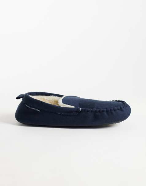 French Connection mocassin faux fur line slippers in navy - view 1
