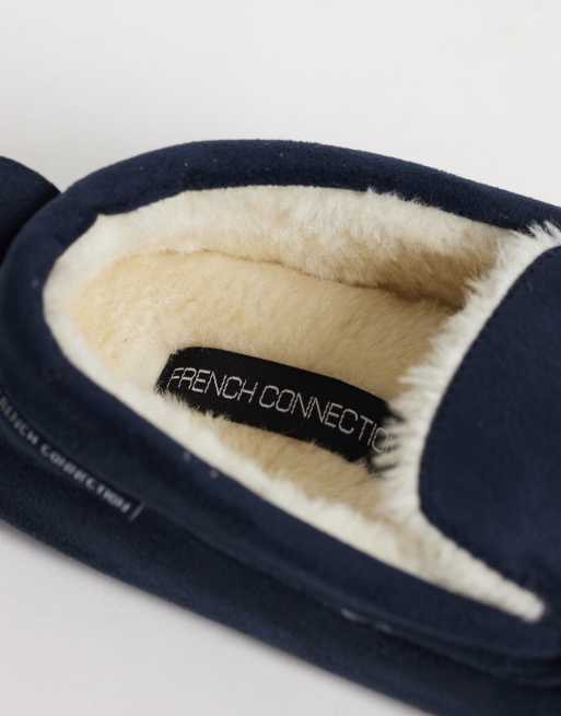 French Connection mocassin faux fur line slippers in navy, 2 of 4