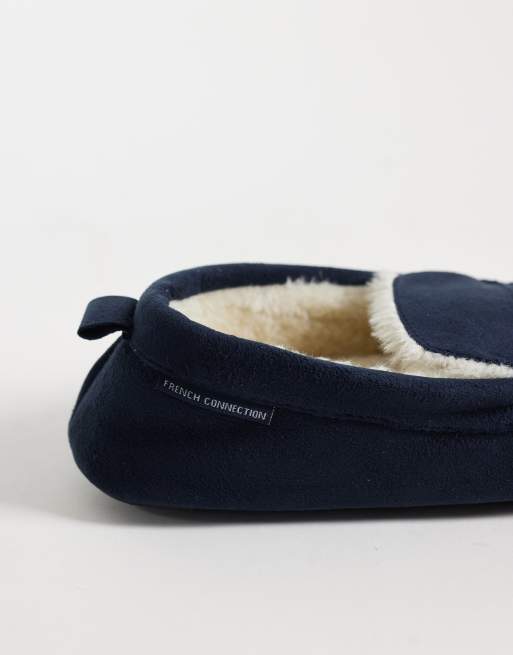 French Connection mocassin faux fur line slippers in navy, 3 of 4