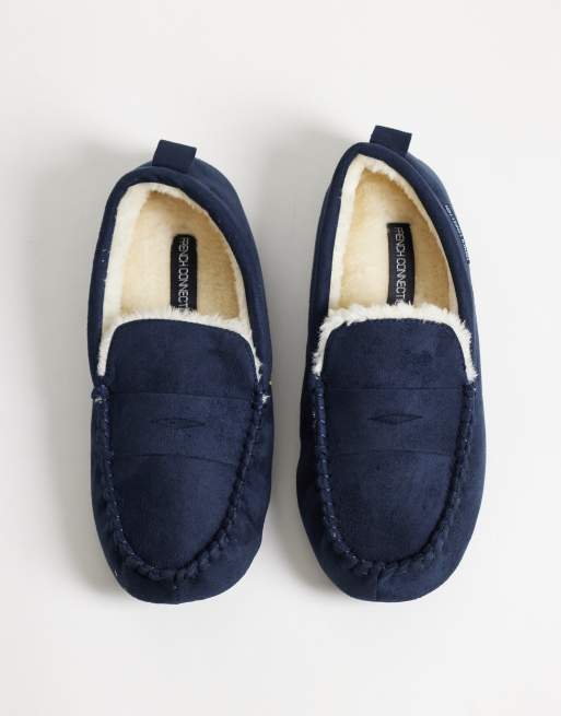 French Connection mocassin faux fur line slippers in navy, 4 of 4