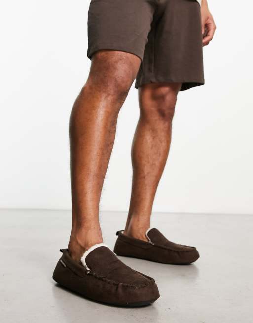 French Connection moccasin faux fur lined slippers in chocolate ASOS