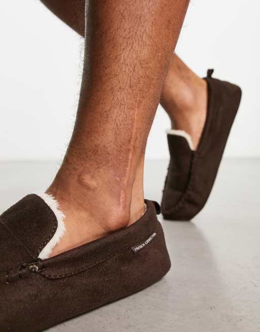 French Connection moccasin faux fur lined slippers in chocolate ASOS