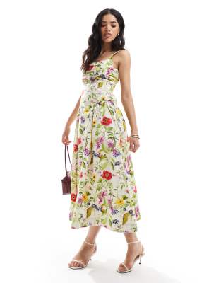 French Connection - Monica - Popeline-Midikleid in Weiß mit Blumenmuster-Bunt