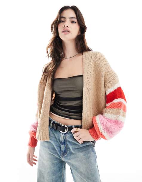 French Connection - Monroe - Cardigan color sabbia con maniche a righe - view 1