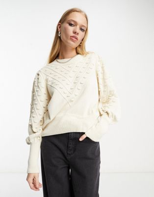 French Connection Mozart cropped bobble jumper in cream-White