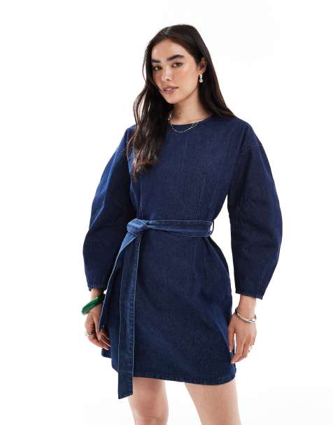 French Connection - Mørk indigoblå denim-minikjole med bindebånd i taljen - view 1
