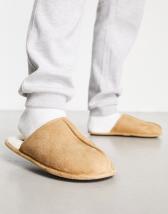 ASOS DESIGN slip on slippers in black with cream faux fur lining