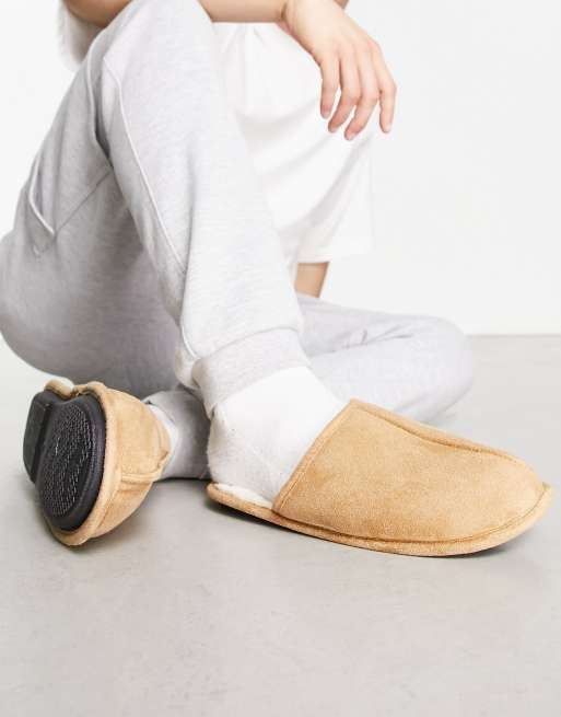 French Connection mule faux fur line slippers in beige ASOS