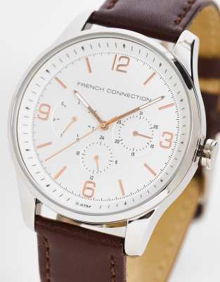 French Connection multi-dial watch with real leather strap in brown | ASOS