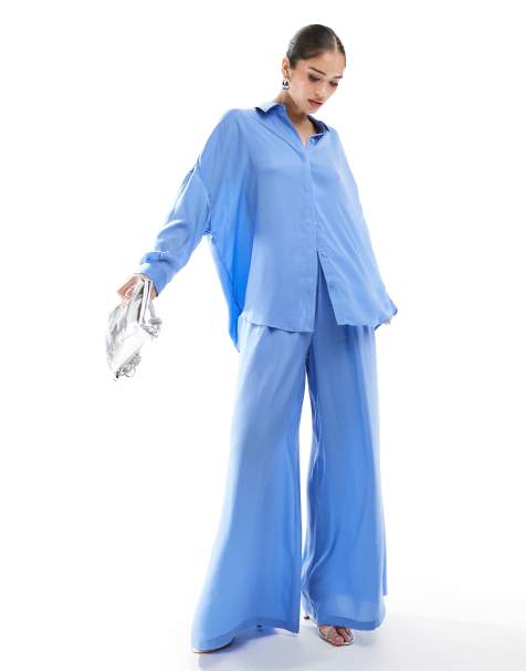 French Connection satin wide leg trouser co-ord in cornflower blue