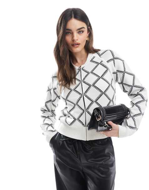 French Connection Odessa reversible check cardigan in white