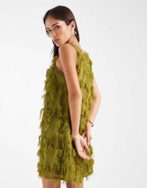French Connection - Olivengrøn minikjole med frynser i chiffon, 4 af 4