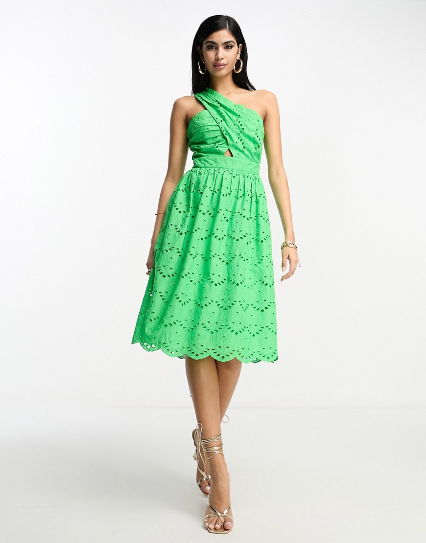 French Connection one shoulder mini dress in bold green broderie
