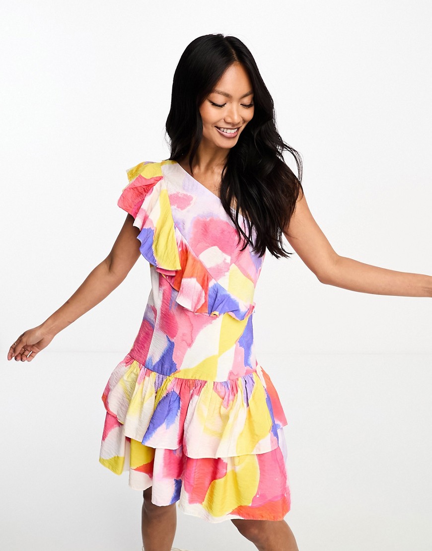 French Connection one shoulder mini ruffle dress in multicolour paint splash