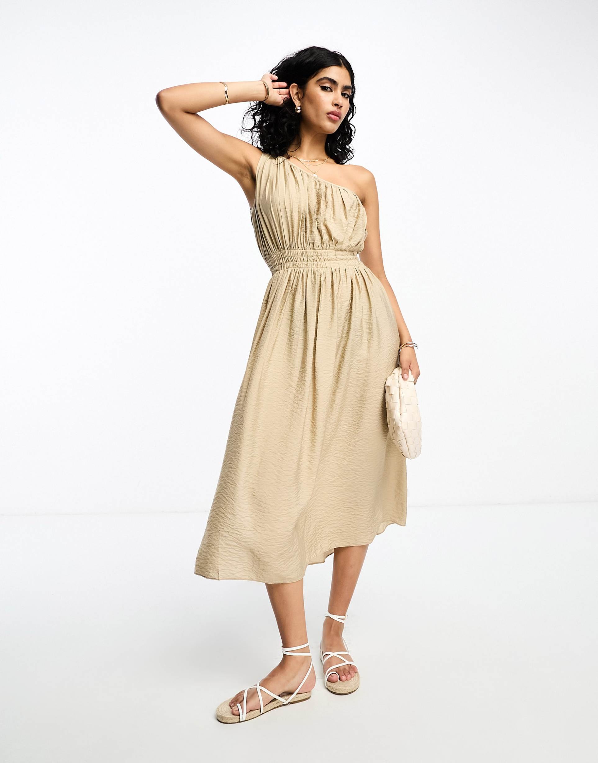 french connection one shoulder ruched midi dress in beige