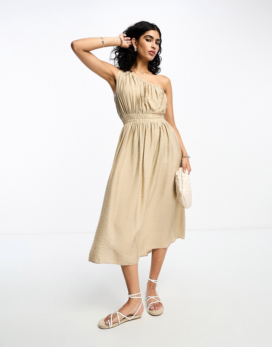 Shop French Connection One Shoulder Ruched Midi Dress In Beige-neutral