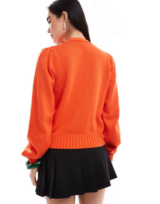 French Connection - Orange cardigan med knapper og bindebånd i halsen, 3 af 4