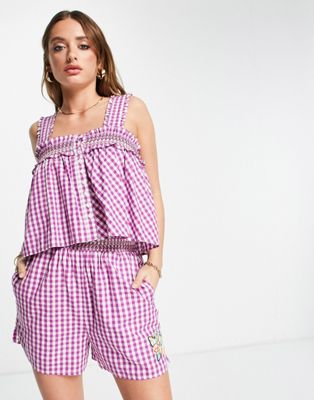French Connection cotton square neck smock top in purple gingham co-ord - PURPLE
