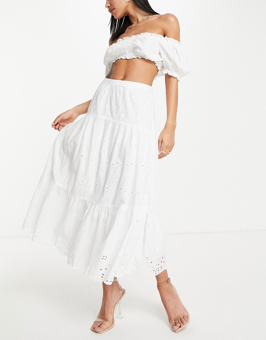 French Connection organic cotton tiered maxi skirt in white embroidery