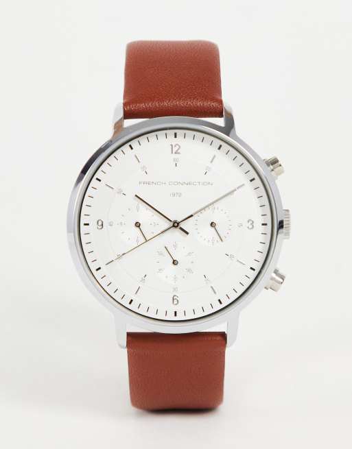 French Connection - Orologio classico con cinturino in pelle color cuoio